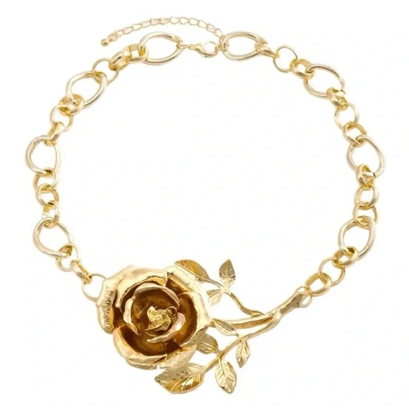 Anthropologie Metallic Rose Elegance Gold Bold Floral Statement Necklace - Picture 3 of 9